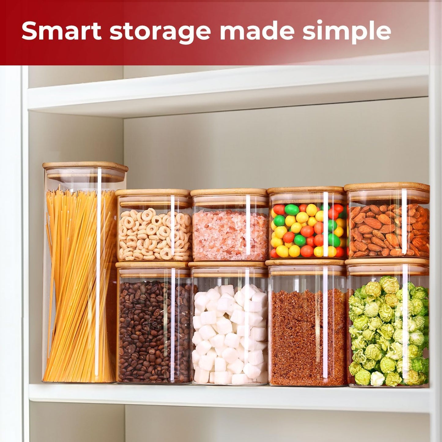1Qt Airtight Glass Canisters with Bamboo Lid, Square Pantry Storage Containers for Coffee, Cookie