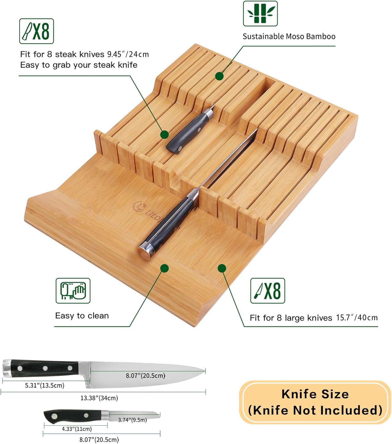 In-drawer Knife Block Bamboo Kitchen Knife Drawer Organizer Large