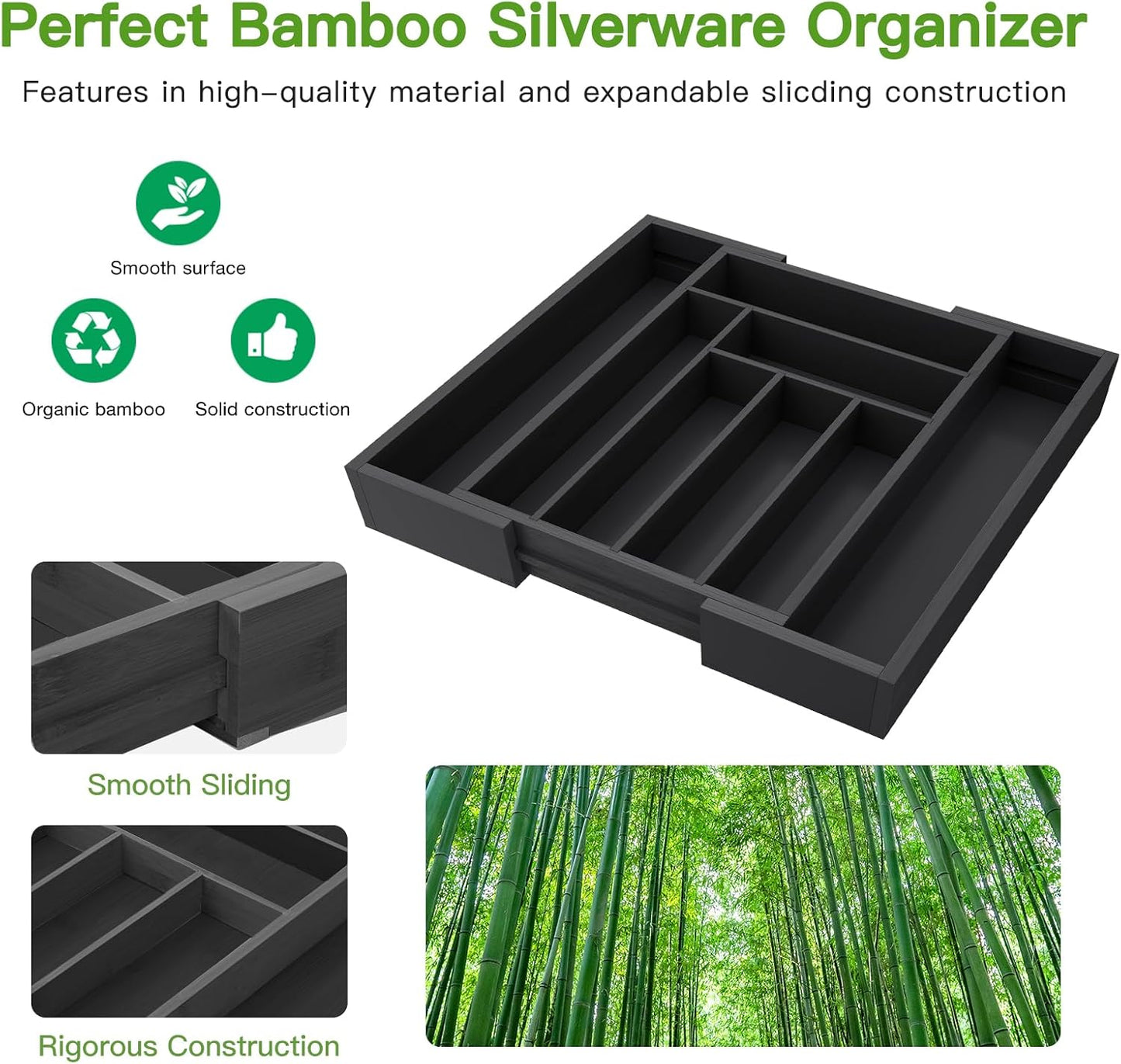 Bamboo Expandable Drawer Organizer for Utensils Holder, Adjustable Cutlery Tray