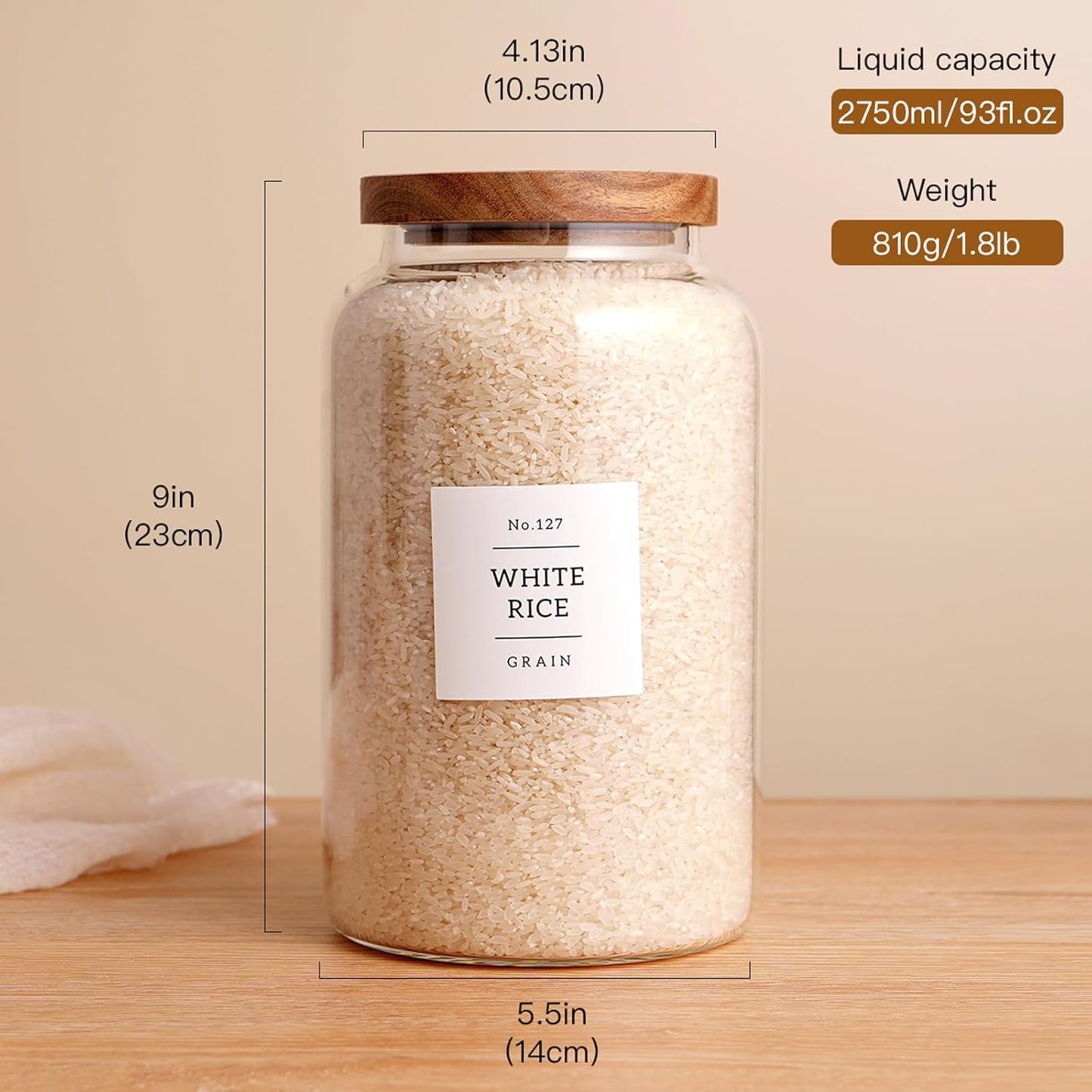 Set of 2 Large Glass Jar with Airtight Acacia Lid and 132 Kitchen Pantry Labels