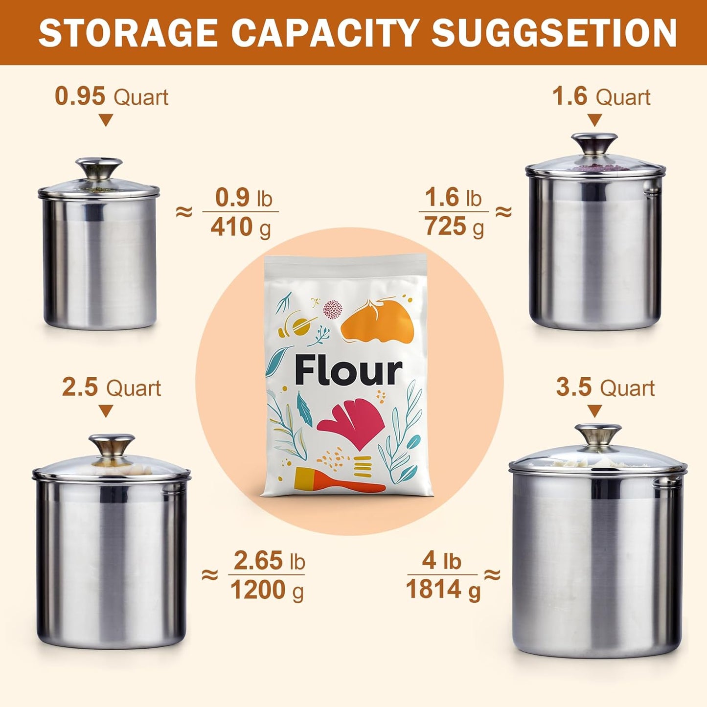 Stainless Steel Food Jar Storage Canister Set Medium 4-Piece