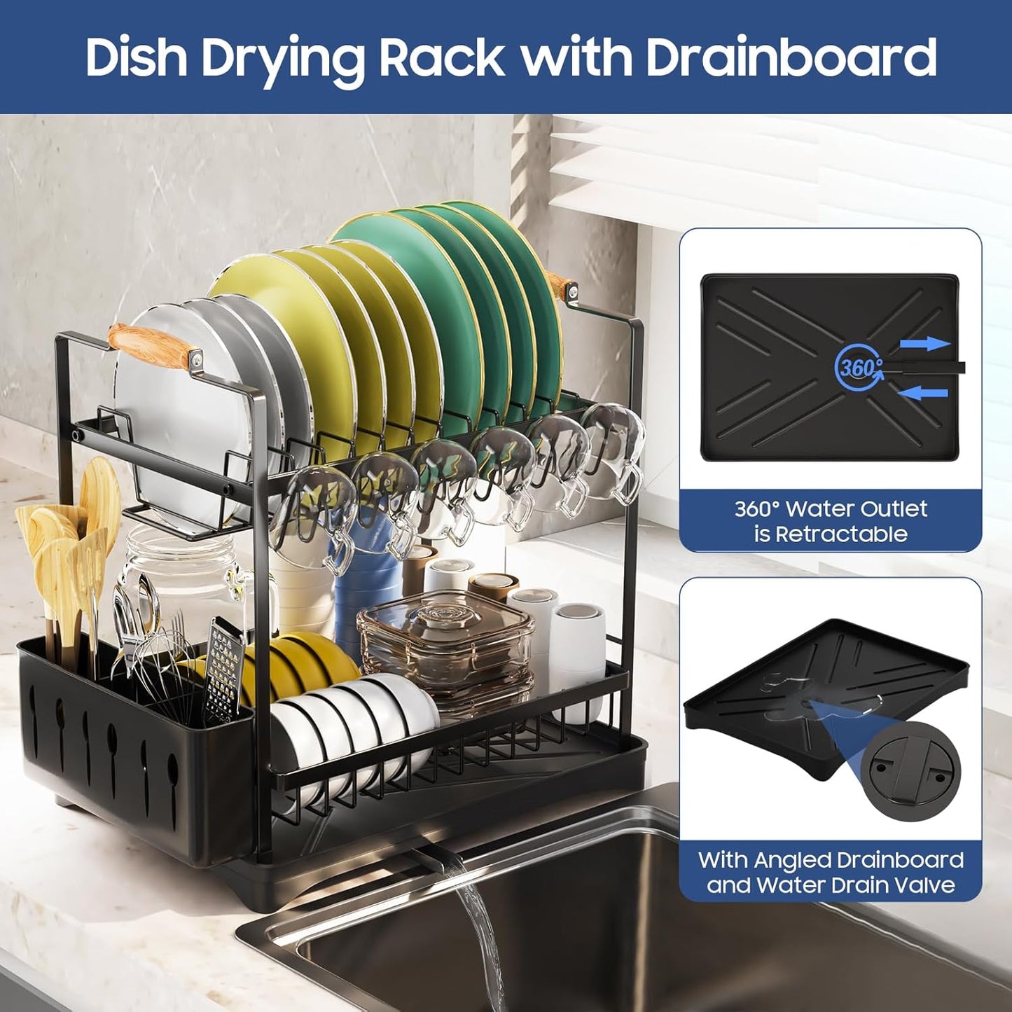 2-Tier Large Dish Drying Rack for Kitchen Counter with Drainboard and Cutlery Holder