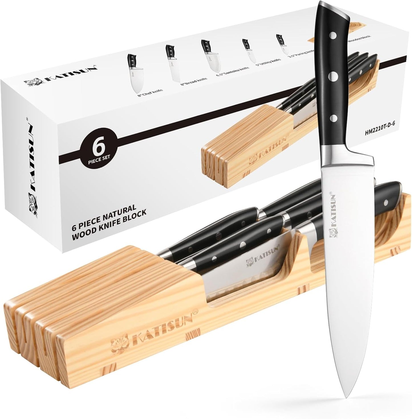 In-Drawer Knife Block with 5 Pieces Knives, Bamboo Knife Drawer Organizer for Kitchen