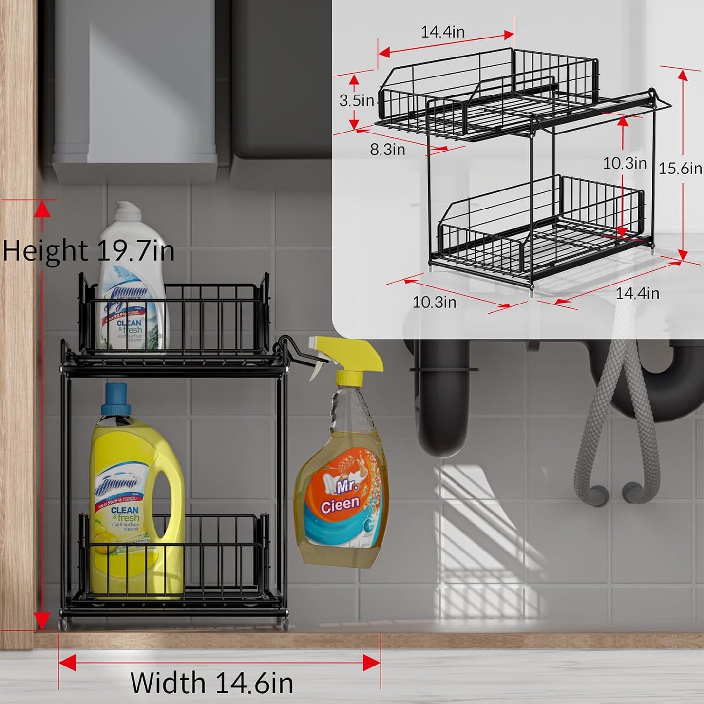 Under Sink Organizer, 2 Tier Bathroom Cabinet Organizer Metal Kitchen Sink Organzier with Hanging Rail for Kitchen Bathroom Organization and Storage, 1 Pack