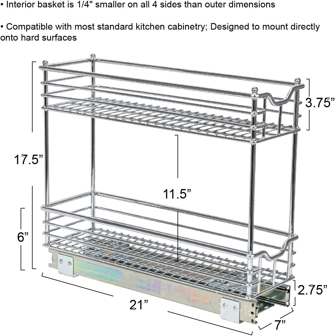 Glidez Multipurpose Chrome-Plated Steel Pull-Out/Slide-Out Storage Organizer for Under Cabinet Use - 2-Tier Design - Fits Standard Size Cabinet or Shelf, Chrome