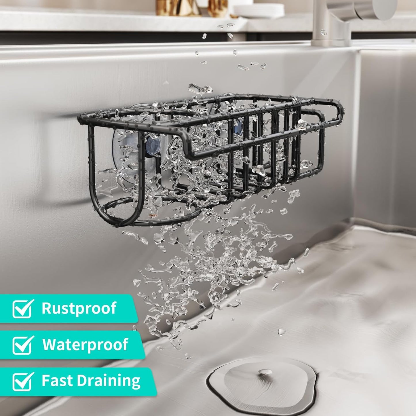 4 in 1 Kitchen Organizers and Storage, SUS304 Stainless Steel Brush Holder + Dish Cloth Hanger + Soap Rack + Sink Stopper Rack, No Drill Kitchen Essentials - Black