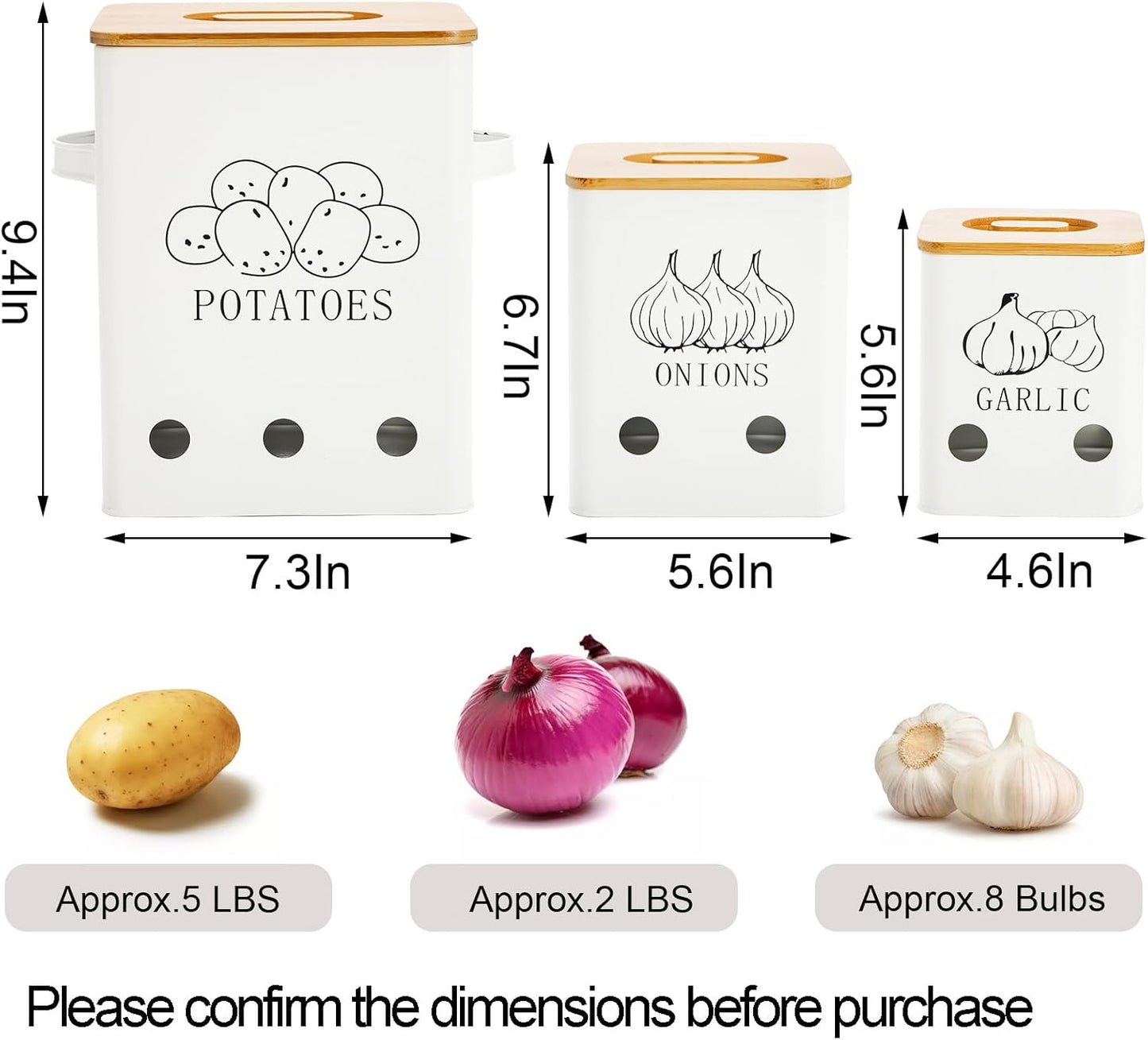 3 Pack Vegetable Storage Tins, Metal Onion Garlic Potato Jars Set