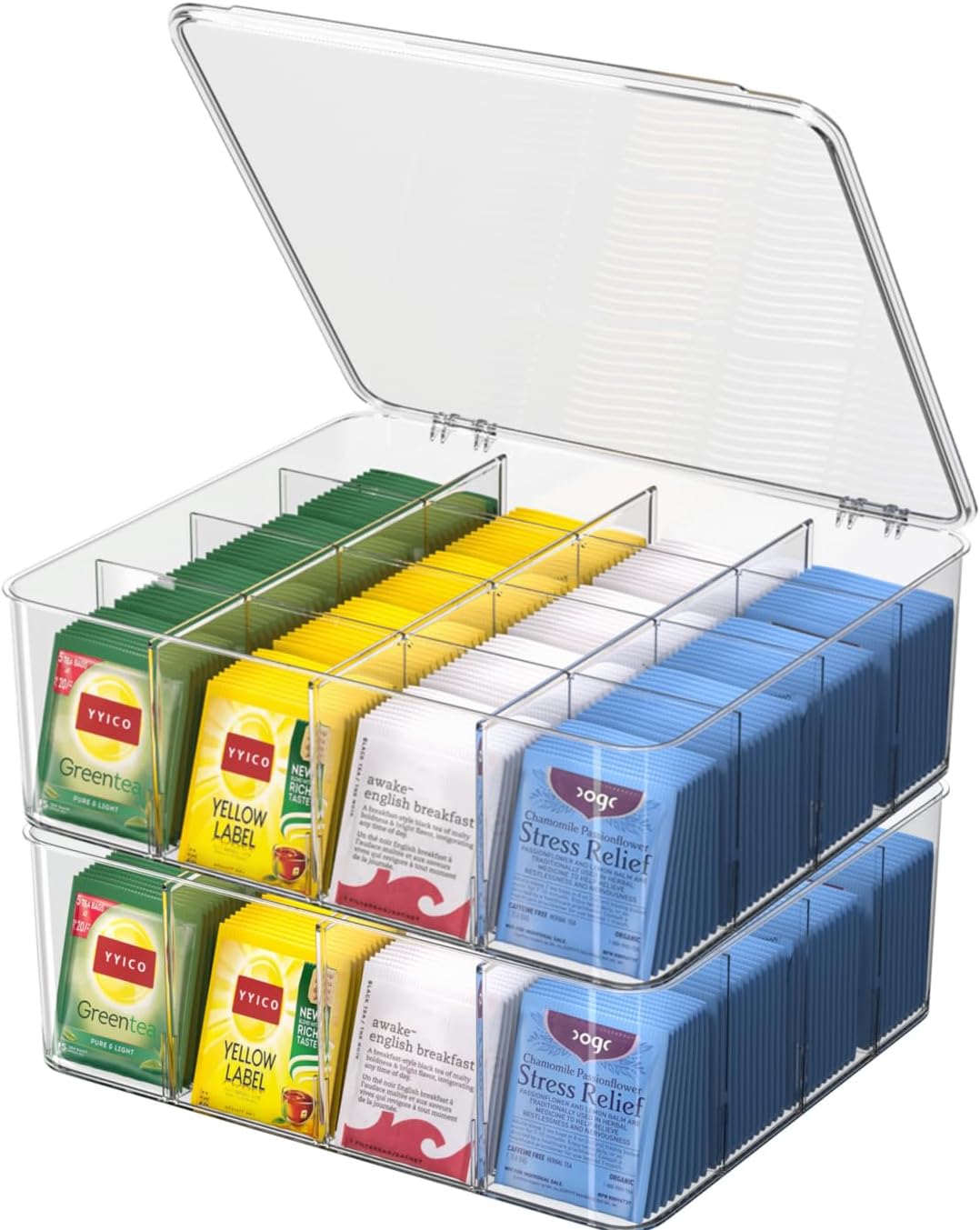 Tea Bag Organizer with Lid: Plastic Storage Bin - 16 Compartments with Removable Dividers