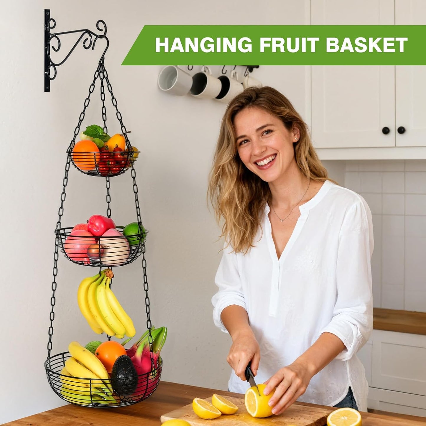 3 Tier Hanging Fruit Basket with Banana Hook