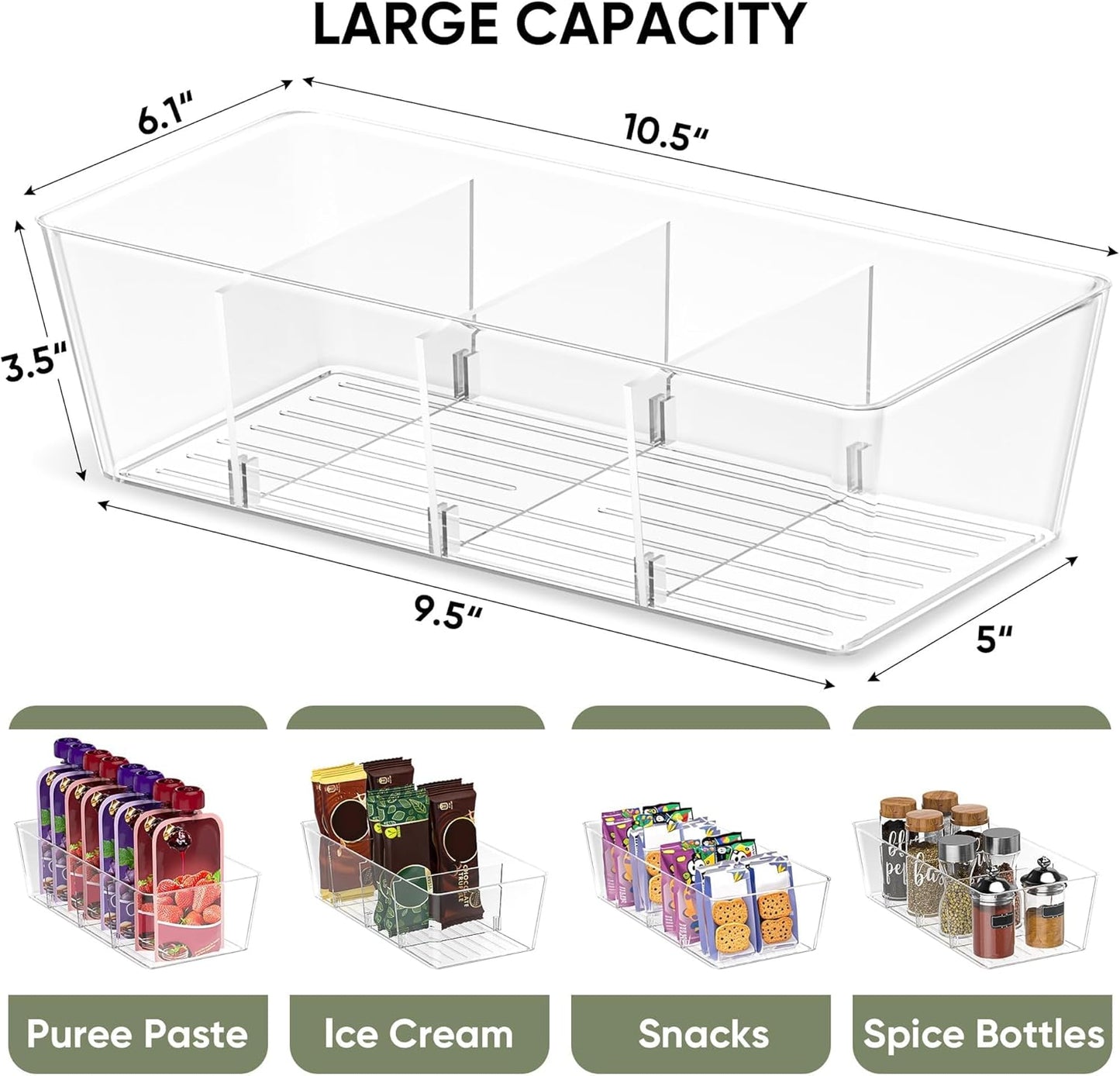 Clear Plastic Storage Bins with 3 Removable Dividers, Pantry Organization