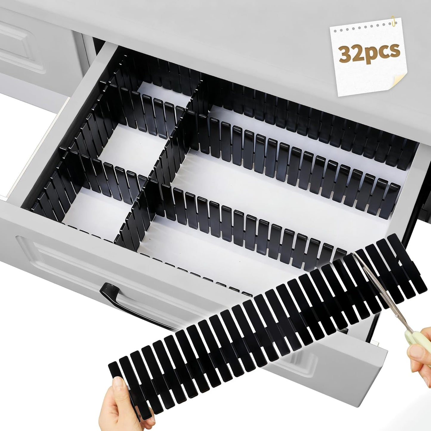 Drawer Divider Adjustable Diy Storage Organizer Separator for Tidying Clutter Cutlery Makeup Clothes of Dresses, Desk & Box in Kitchen Bathroom Bedroom Office (Cut at Will) (Black 32pcs)