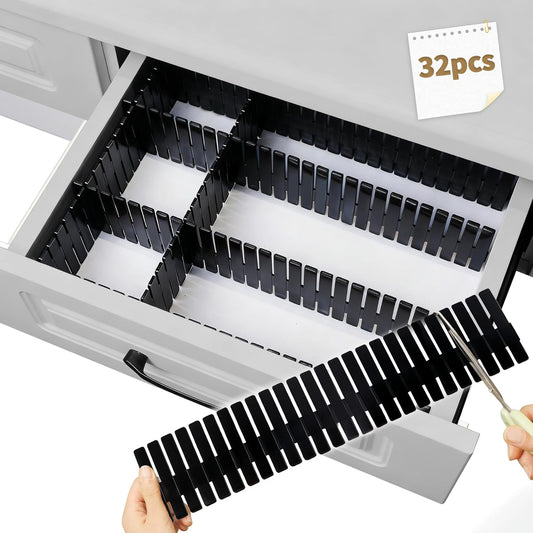 Drawer Divider Adjustable Diy Storage Organizer Separator for Tidying Clutter Cutlery Makeup Clothes of Dresses, Desk & Box in Kitchen Bathroom Bedroom Office (Cut at Will) (Black 32pcs)