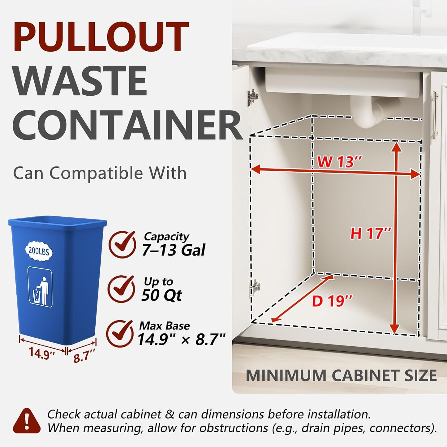 Under Sink Trash Can Pull Out Trash Hidden for 30-50 Qt 7-13 Gallon Garbage Can Under 13" Wx19 Dx17 H Cabinet, Black Pull Out Kit with Full Extension Slide for Kitchen and Bathroom, No Bin