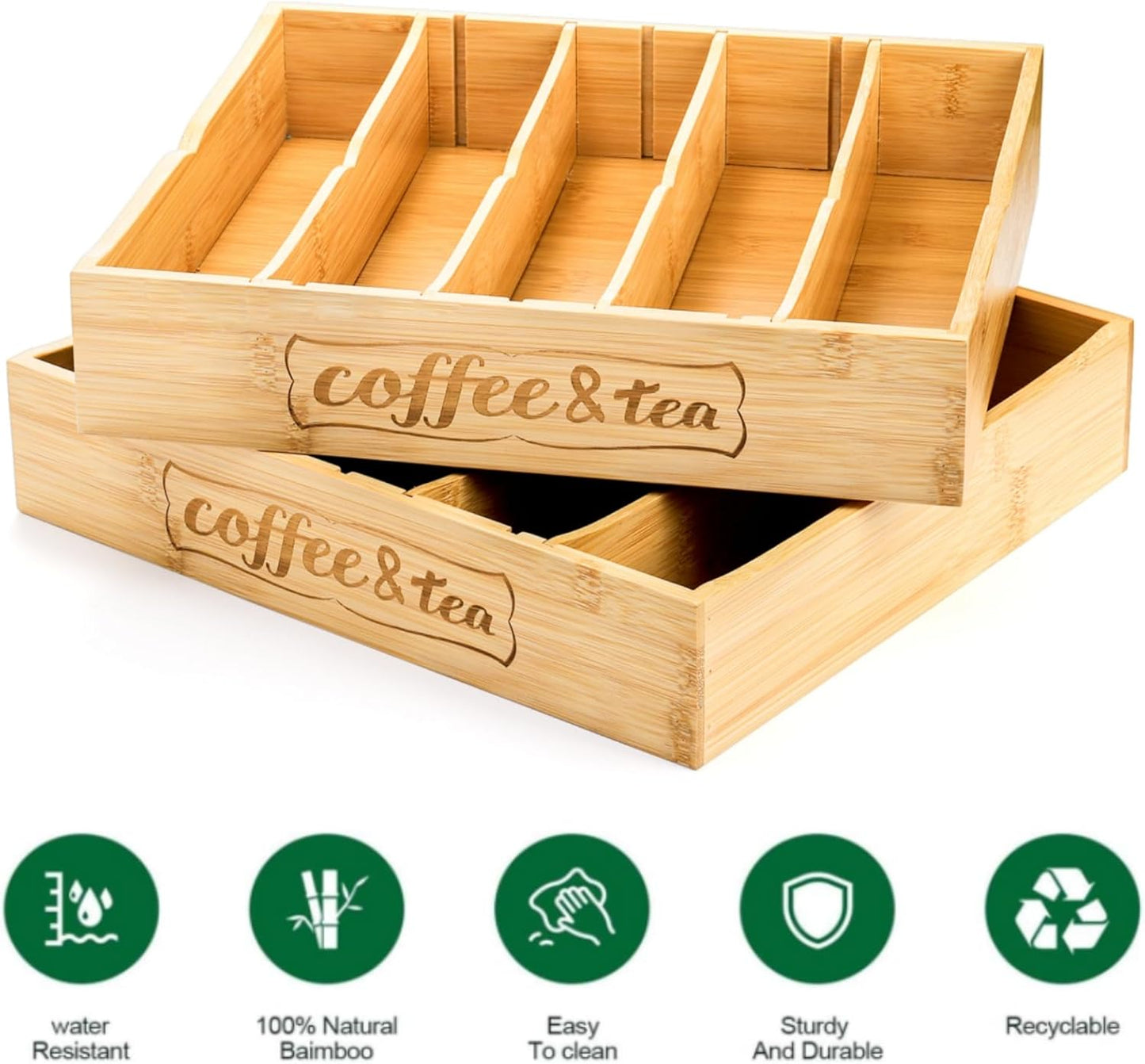 2 Pack K Cup Holder for Drawers, Bamboo Tea Bag Organizer with Adjustable Dividers