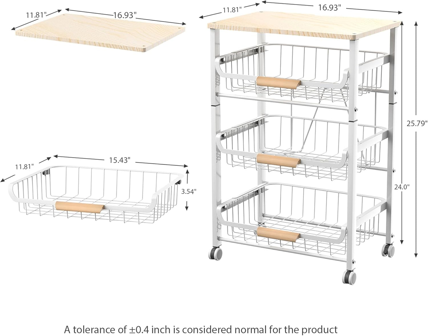 Slide Out Fruit Vegetable Basket for Kitchen, 4-Tier Rolling Storage Cart with Wooden Handle & Top