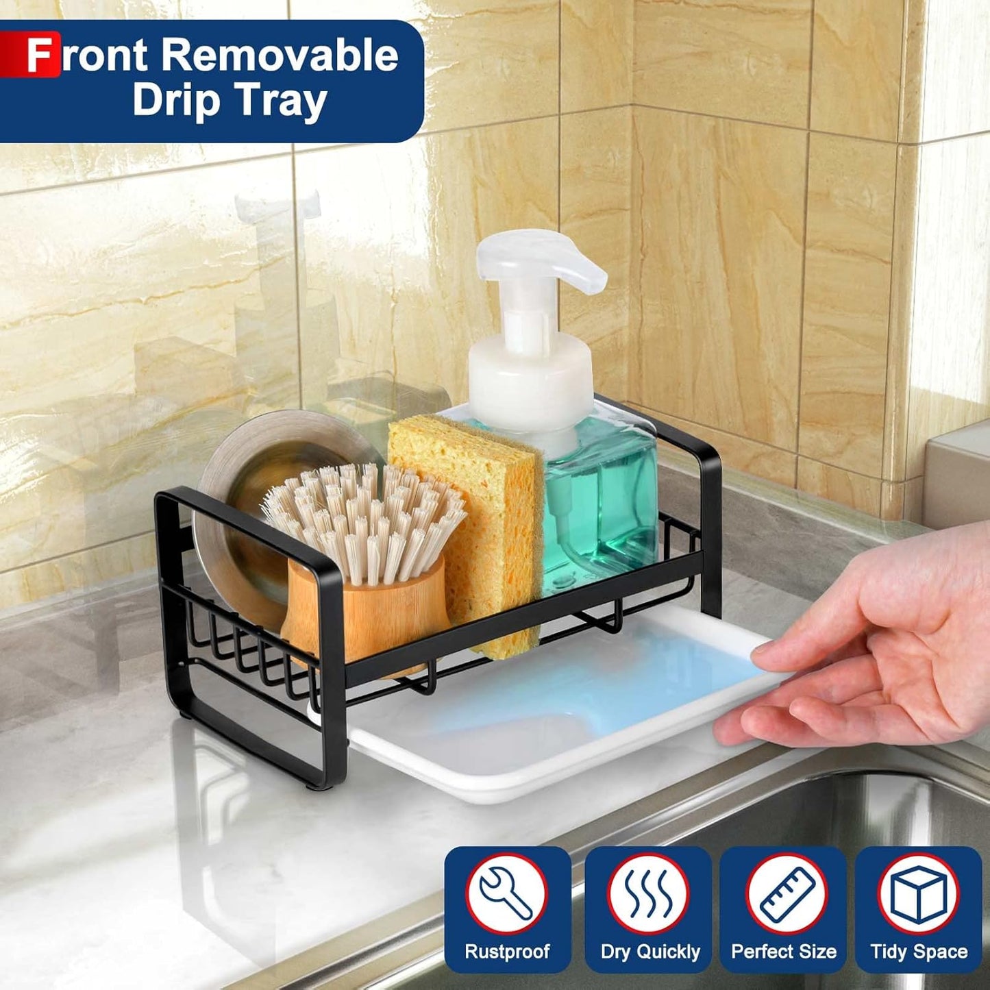 Kitchen Sink Sponge Holder, 304 Stainless Steel Kitchen Soap Dispenser Caddy Organizer