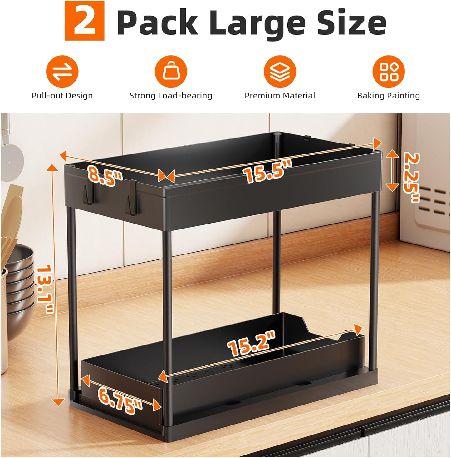 Under Sink Organizer 2 Pack, Sink Pull-Out Sliding Storage Cabinet