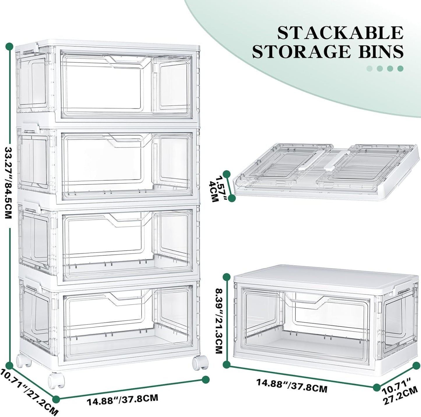 Clear Storage Bins with Lids - 4 Tier Plastic Bins with Wheels, Stackable Storage Bin