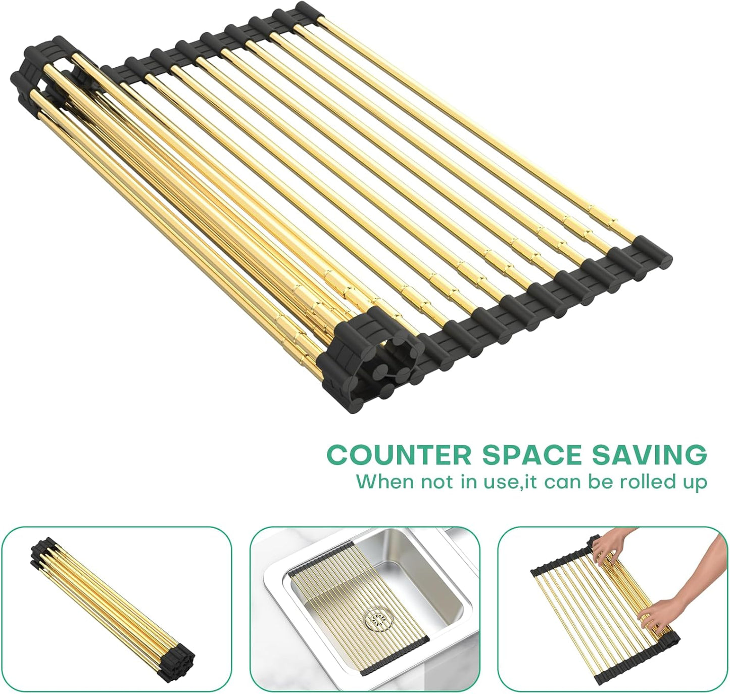 Expandable Large Draining Rack, Roll Up Heat-Resistant Dish Drainer for Stainless Steel Sinks