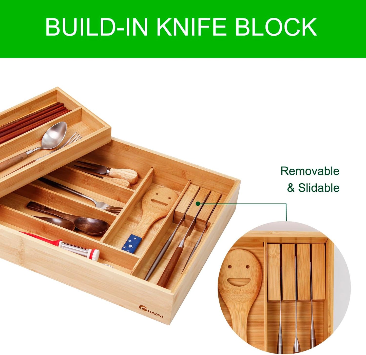 Double Layer Bamboo Kitchen Drawer Organizer Cutlery Utensil Silverware Drawer Organizer