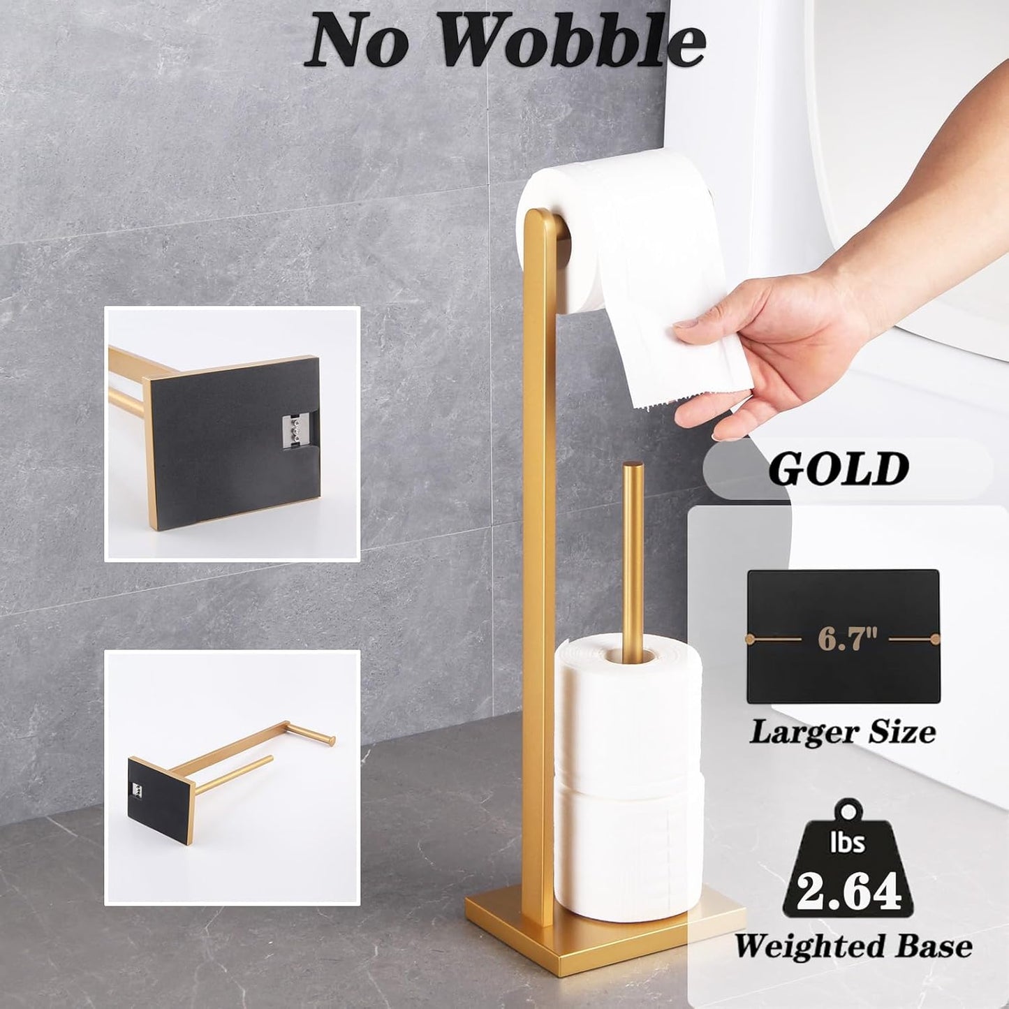 Gold Toilet Paper Holder Free Standing with Reserve SUS 304 Stainless Steel Stand Modern Paper Towel Holder DZY022-BE