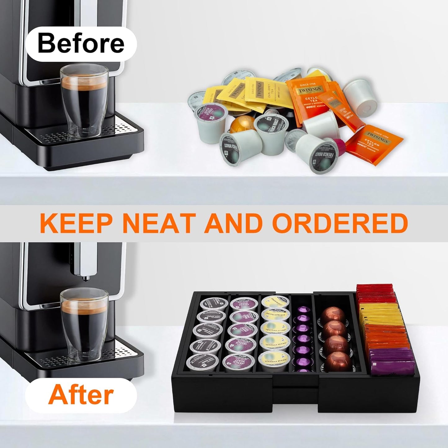 Bamboo Drawer Organizer - Expandable K Cup & Pods Holder, Coffee Pod Storage, Tea Organizer