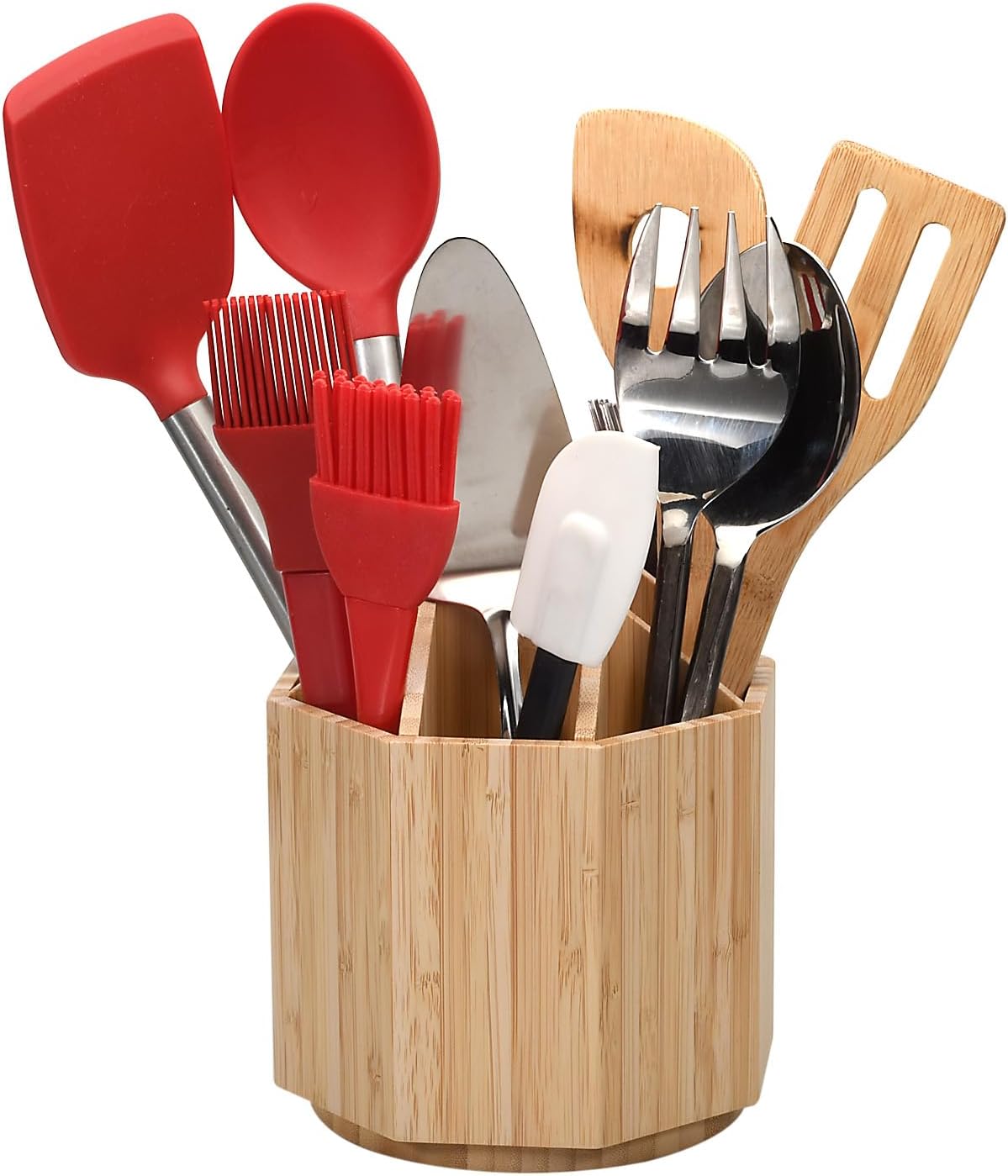 Bamboo Rotating Utensil Holder & Kitchen Organizer, Multiple Compartments, 8 Sections, store Forks