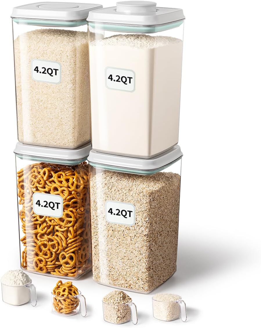 Airtight Food Storage Container with Pop Lid & 130ml Scoop, 4L/4.2qt *4 BPA-Free Cereal, Rice