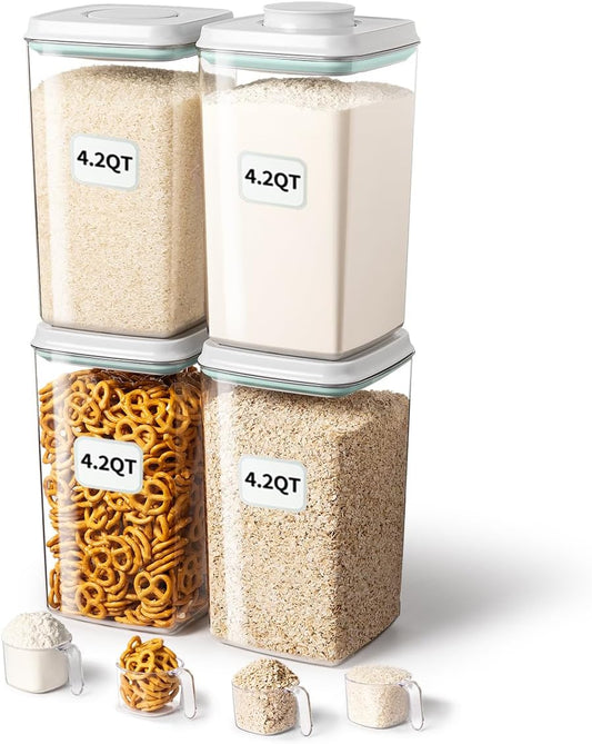Airtight Food Storage Container with Pop Lid & 130ml Scoop, 4L/4.2qt *4 BPA-Free Cereal, Rice