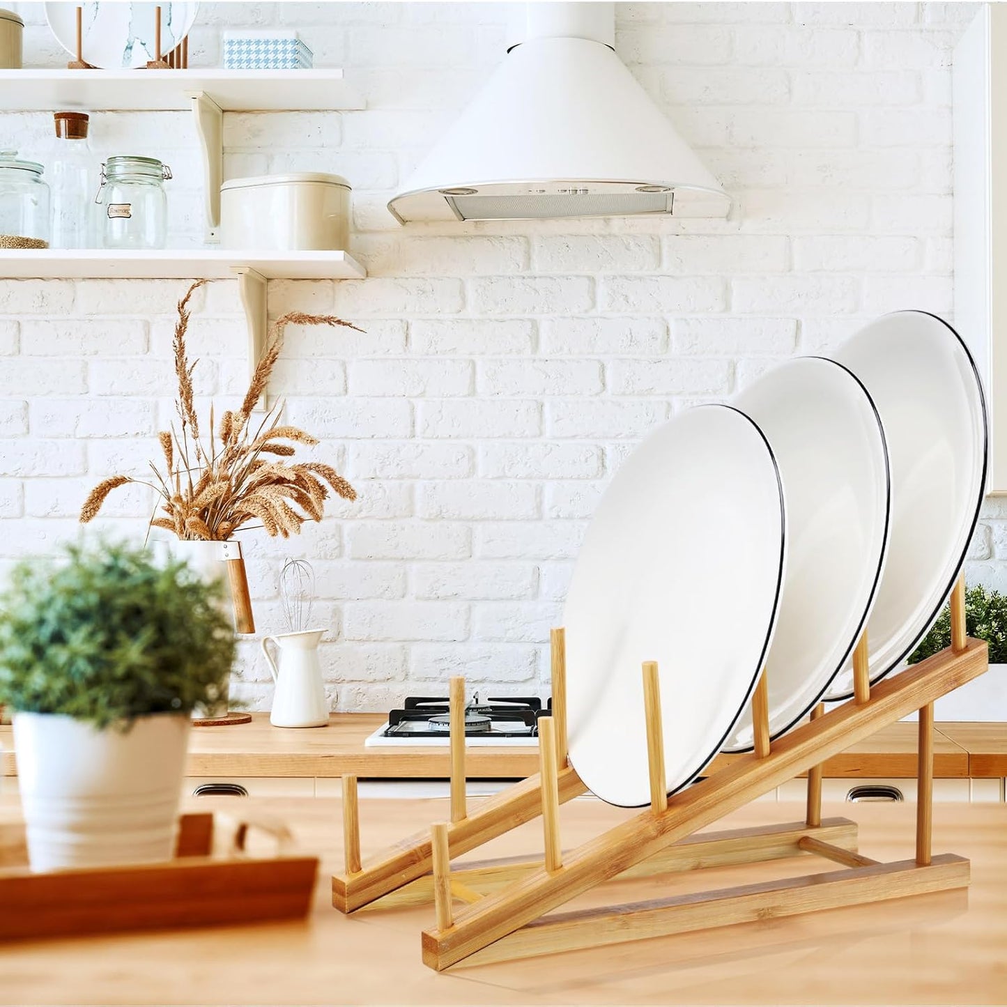 6 Pcs Wooden Bamboo Dish Drying Rack Kitchen Cabinet Organizer for Cabinet Cutting Board Display Stand for Dish Plate Bowl Water Bottles Cup Pot Lid Cutting Board