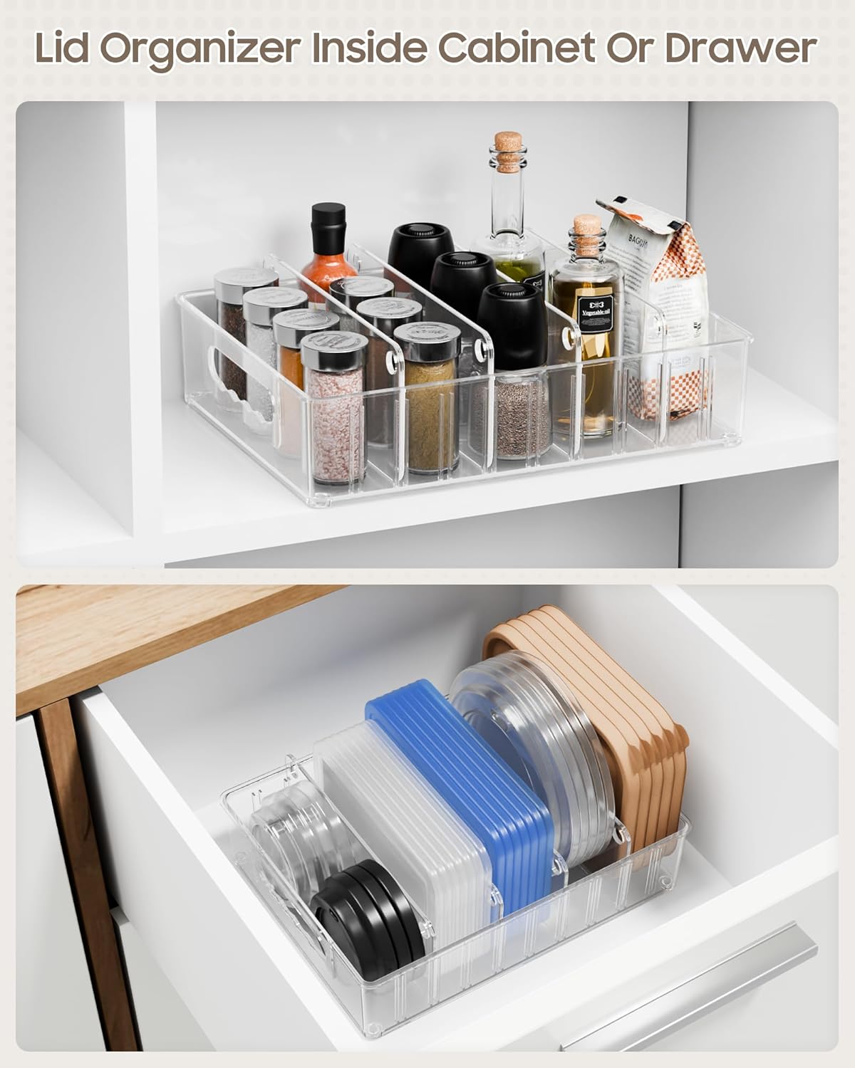 Lid Organizers Inside Cabinet, Clear Plastic Storage Lid Organizer With 4 Adjustable Dividers