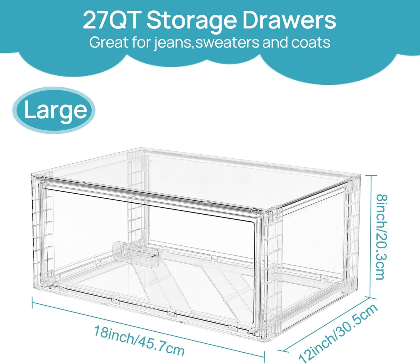 2 Pack Large Clear Stackable Storage Drawers 27QT, Easily Assemble Plastic Closet Storage Bins
