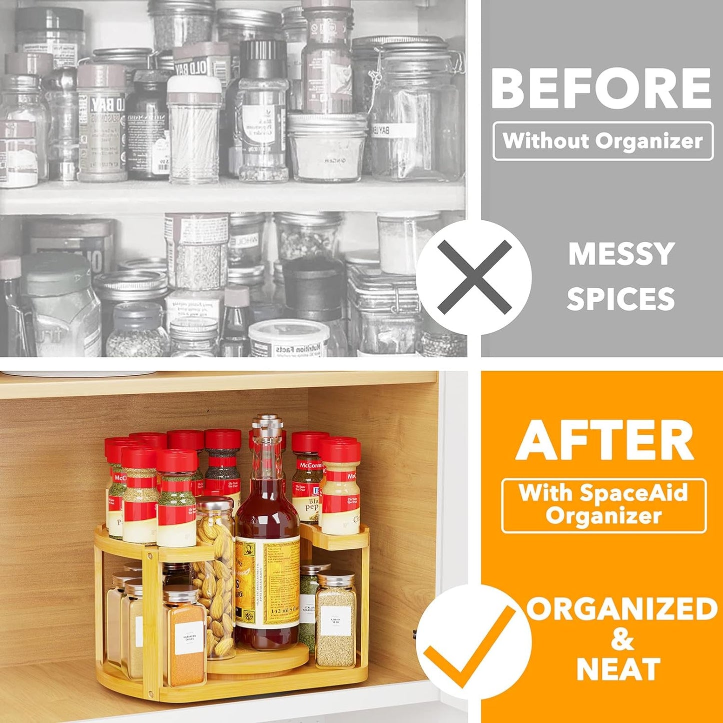 2 Tier Bamboo Spice Rack Organizer, Lazy Susan Turntable for Cabinet