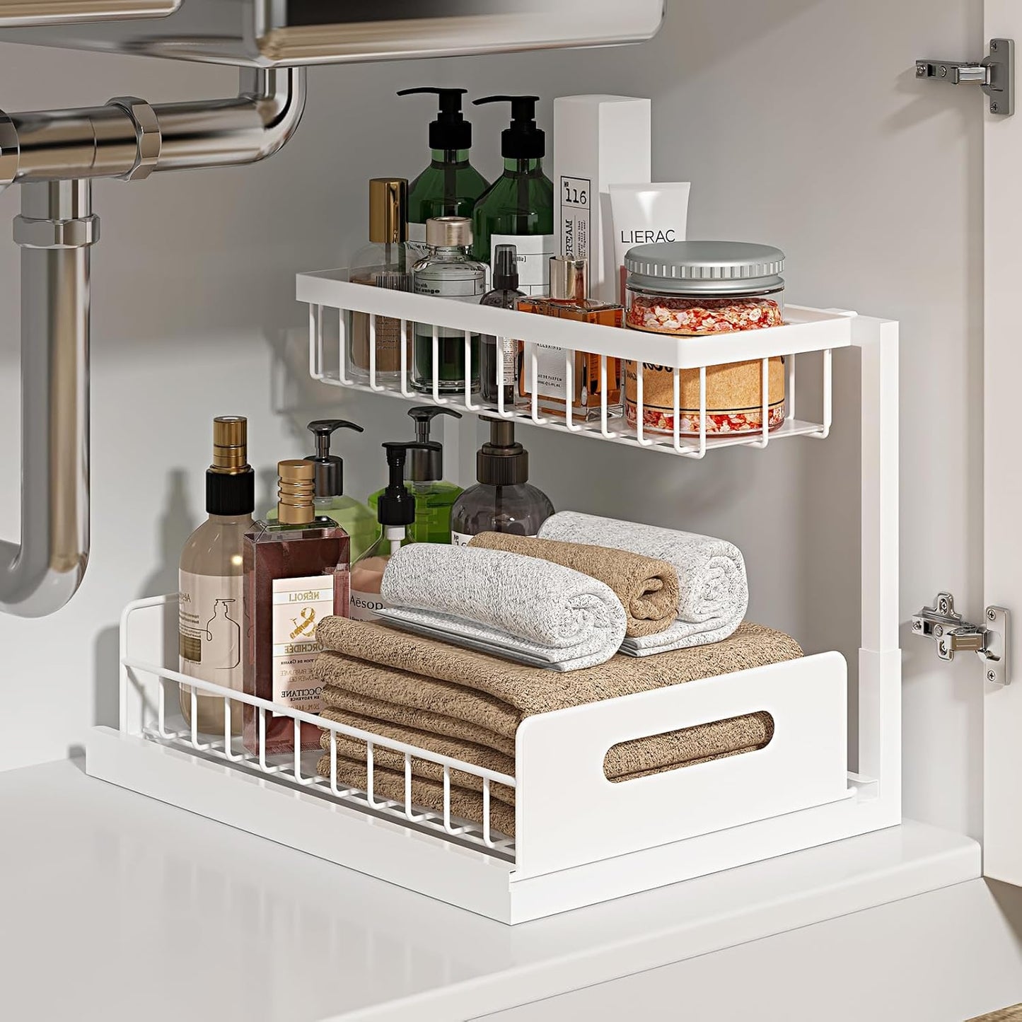 Under Sink Organizer, Pull Out Cabinet Organizer 2 Tier Slide Out Sink Shelf Cabinet Storage Shelves, Under Sink Storage for Kitchen Bathroom Cabinet, White, 1 Pack