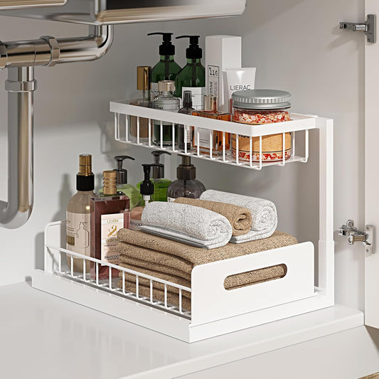 Under Sink Organizer, Pull Out Cabinet Organizer 2 Tier Slide Out Sink Shelf Cabinet Storage Shelves, Under Sink Storage for Kitchen Bathroom Cabinet, White, 1 Pack