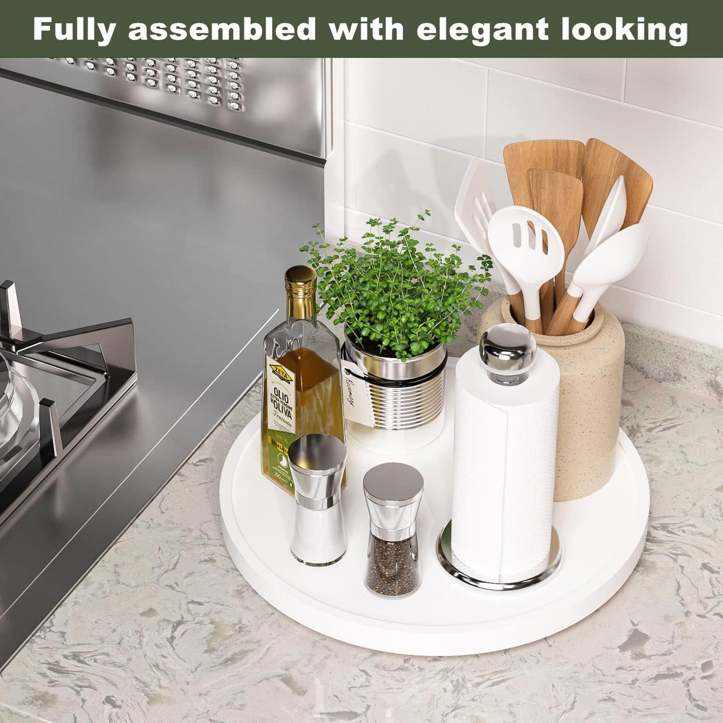 White Lazy Susan, 13.2 Inch Non-Skid Bamboo Turntable for Kitchen Table Cabinets and Closets
