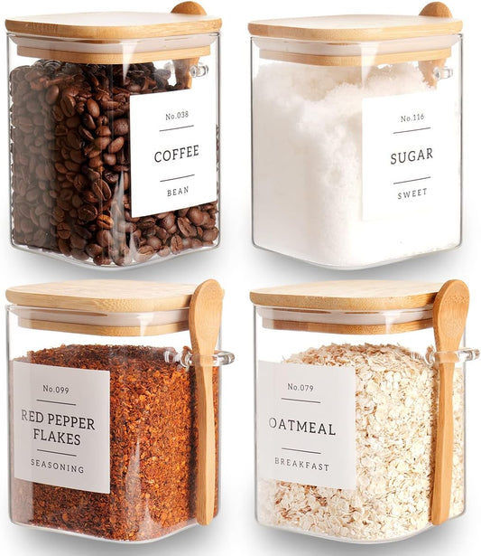 Set of 4 Square Glass Jar with Bamboo Lids and Spoons – Airtight 27 oz Borosilicate Glass Food Storage Contaienrs with 132 Kitchen Pantry Labels for Coffee, Tea, Sugar