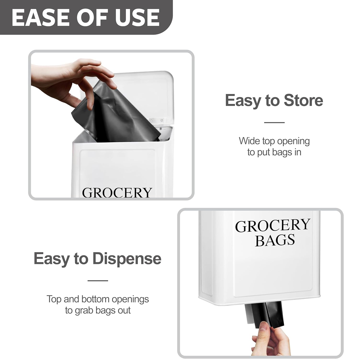 Modern Farmhouse Metal Magnetic Grocery Bags Holder for Plastic Bags with LId and Kitchen Organizer and Storage Wall Mount Grocery Bag Dispenser Space Saving, White