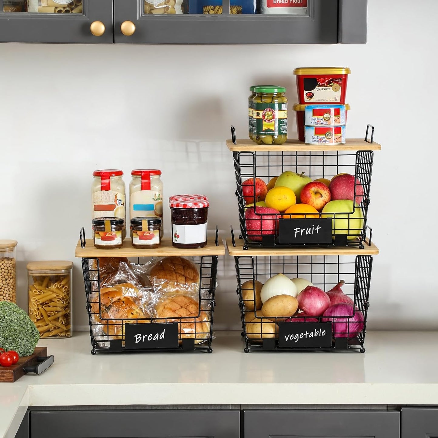 2 Set Large Stackable Wire Basket with Bamboo Tops & Tag- Pantry Organizer and Storage Bins