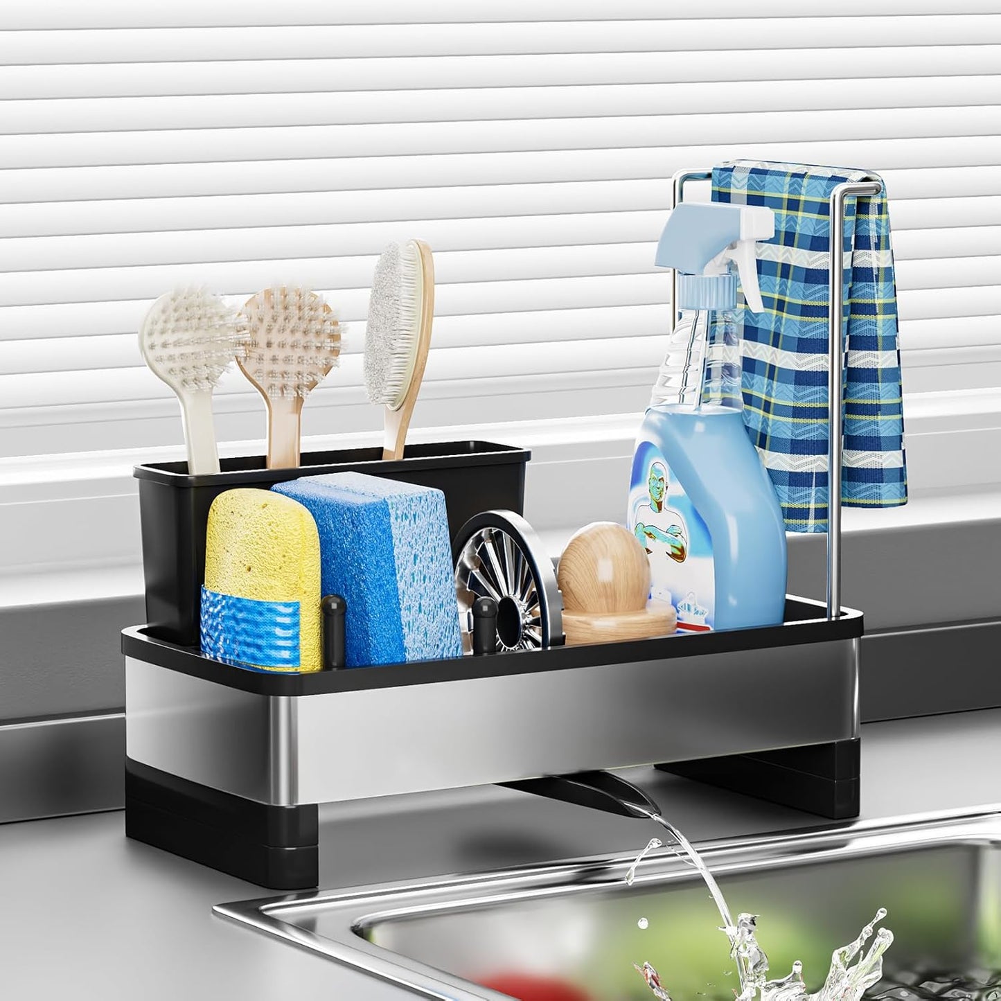 Stainless Steel Sink Caddy, Sponge Holder for Kitchen Sink with Brush Holder Dishcloth Rack