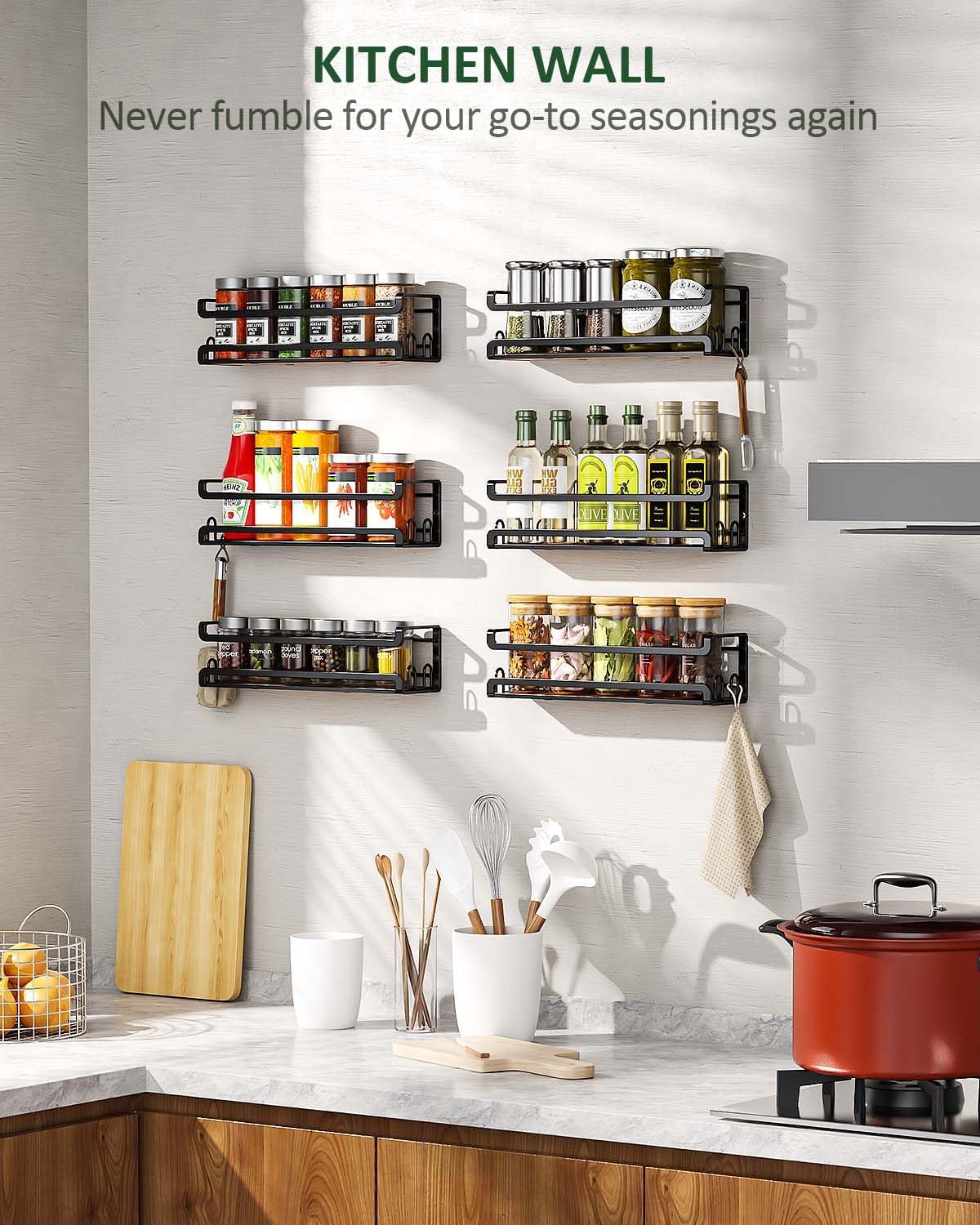 Wall Mounted Spice Rack with 16 Hooks, Rustic Wood Spice Organizer Shelf for Stove Cabinet Pantry Door,Screw or Adhesive Hanging Spice Shelf,Wall Spice Rack in Kitchen and RV,4 Pack