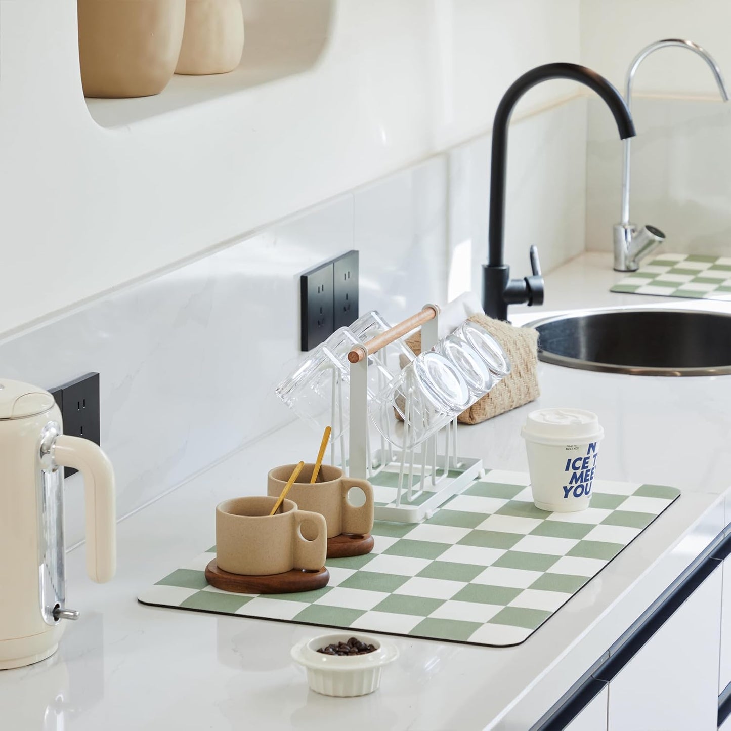 Checkered Dish Drying Mat for Kitchen Counter, Coffee Bar Station Accessories