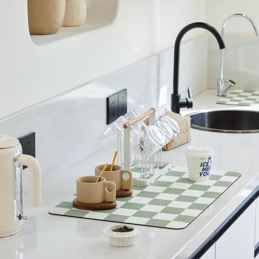 Checkered Dish Drying Mat for Kitchen Counter, Coffee Bar Station Accessories