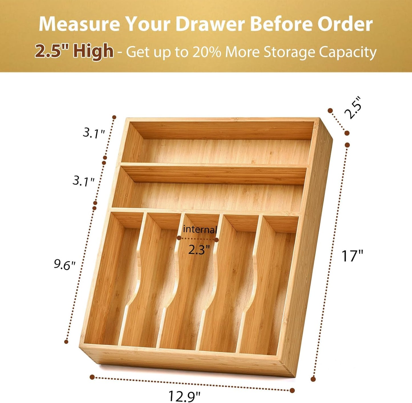 Bamboo Kitchen Drawer Organizer, 13 Inch Silverware Utensil Tray Holder