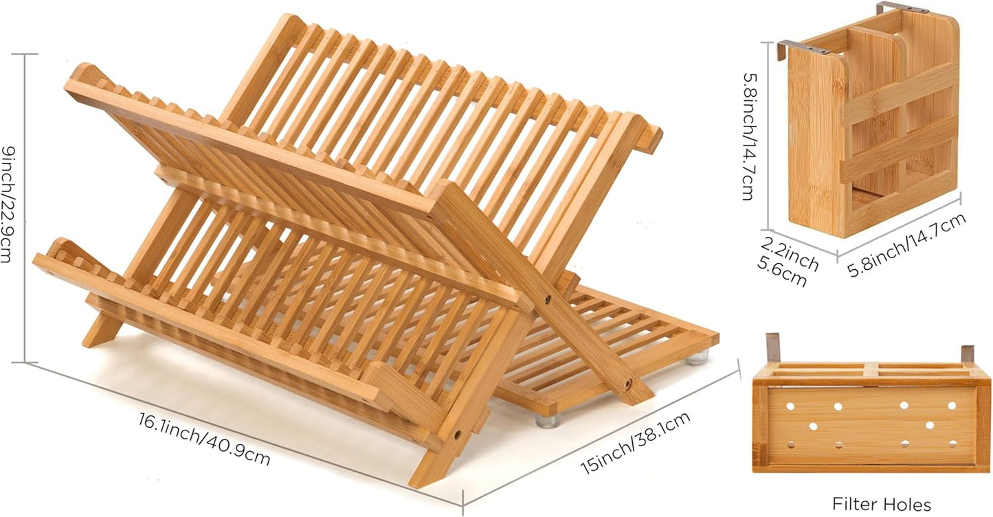 Bamboo Dish Drying Rack with Utensil Holder, 3 Tier Collapsible Dish Rack for Kitchen Counter