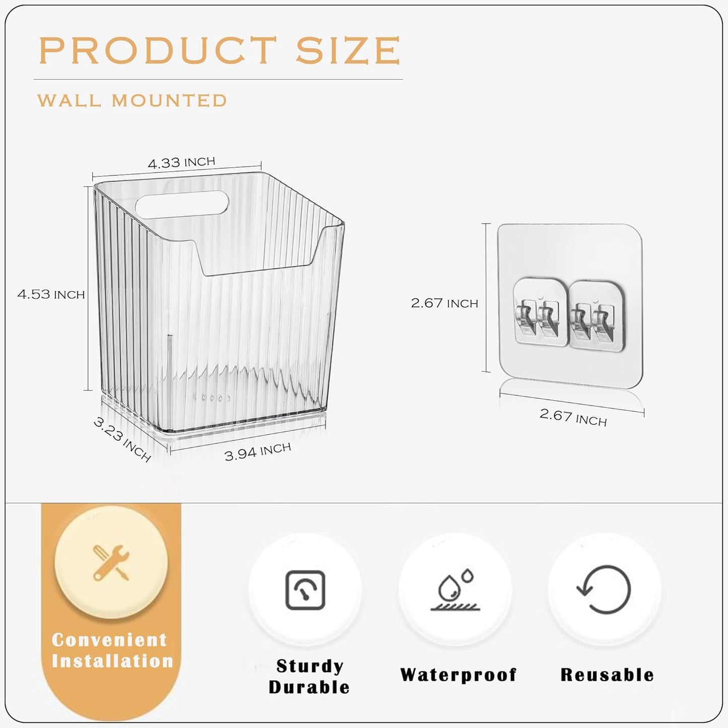 4 Pack Acrylic Wall Mount Organizer, Adhesive Cabinet Door Storage Bins, Clear Makeup Containers
