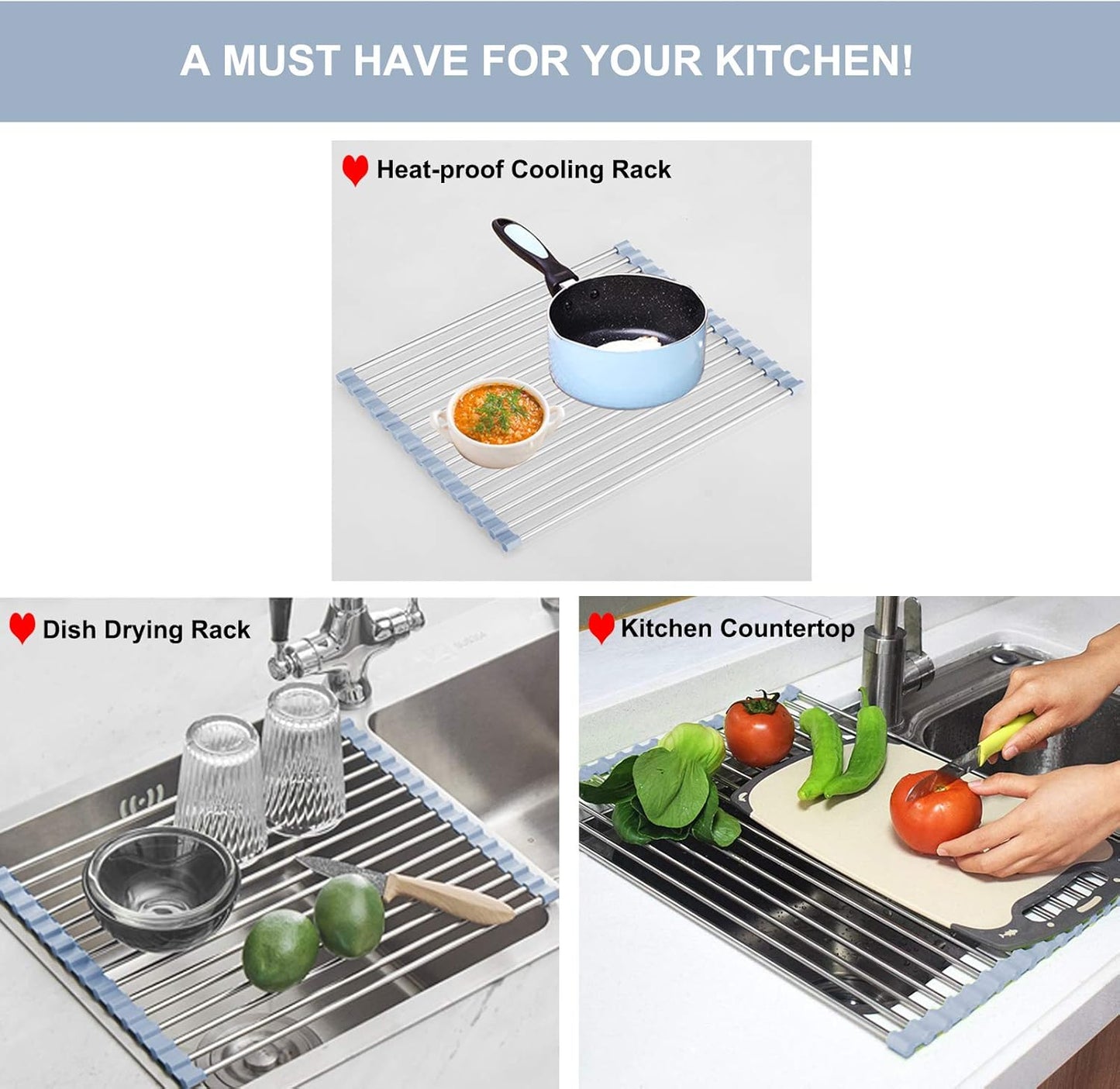 Over The Sink Dish Drying Rack, Roll Up Dish Drying Rack Kitchen Dishes Rack Stainless Steel Sink Drying Racks, Foldable Dishes Drainer, Gray (17.5''x15.7'')