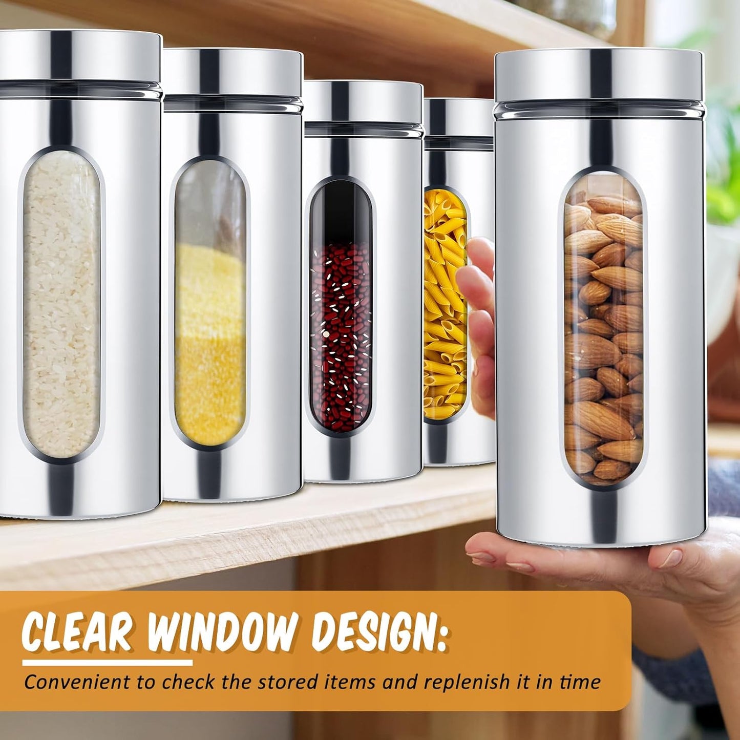 3 Pcs Stainless Steel Canister Set with Glass Windows Visible Storage Jars Silver Kitchen Canister Set for Pasta Flour Oat Sugar Container, Kitchen Tools, Housewarming Gifts(44 oz)