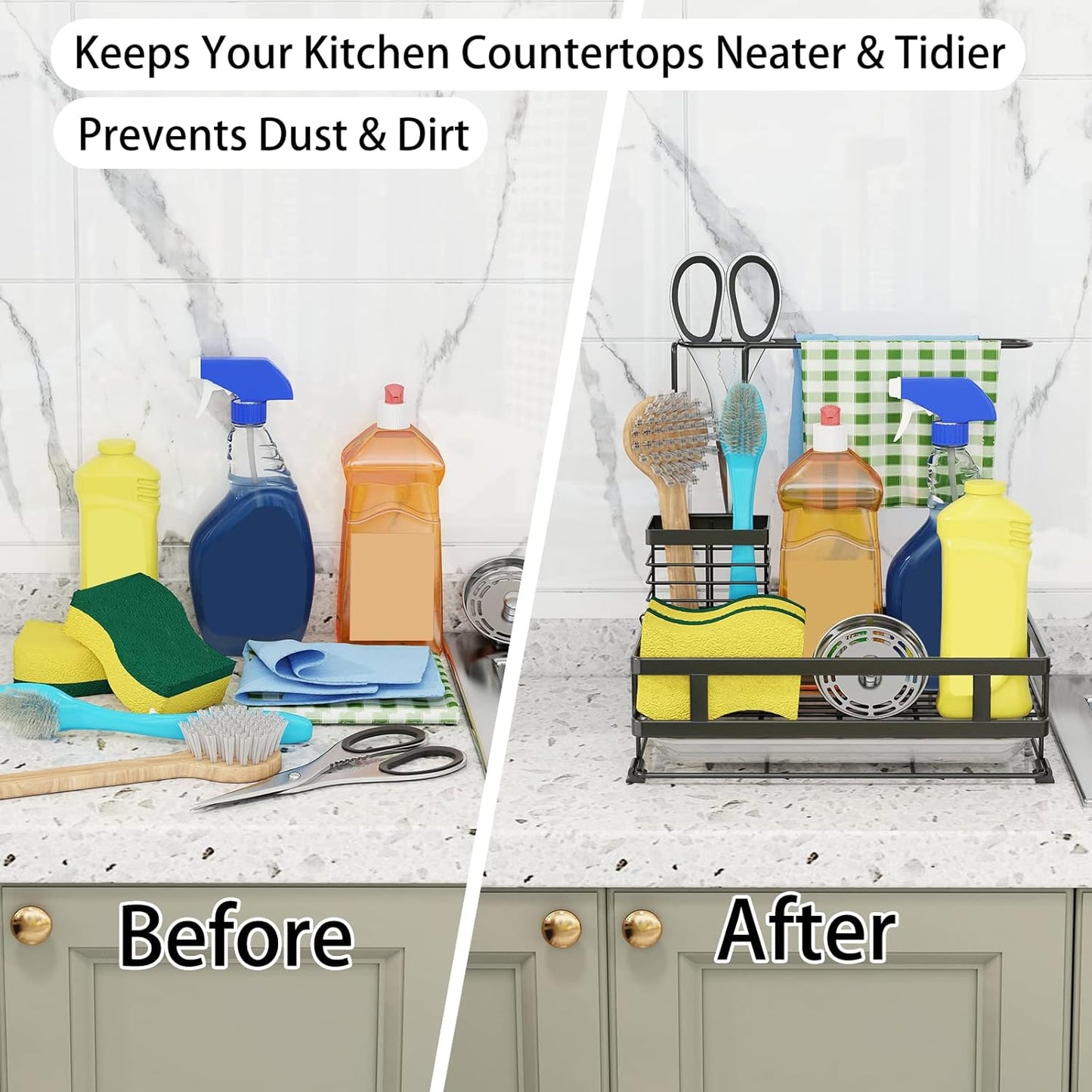 Kitchen Sink Organizer with Brush Rack, 304 Stainless Steel Dish Soap Dispenser