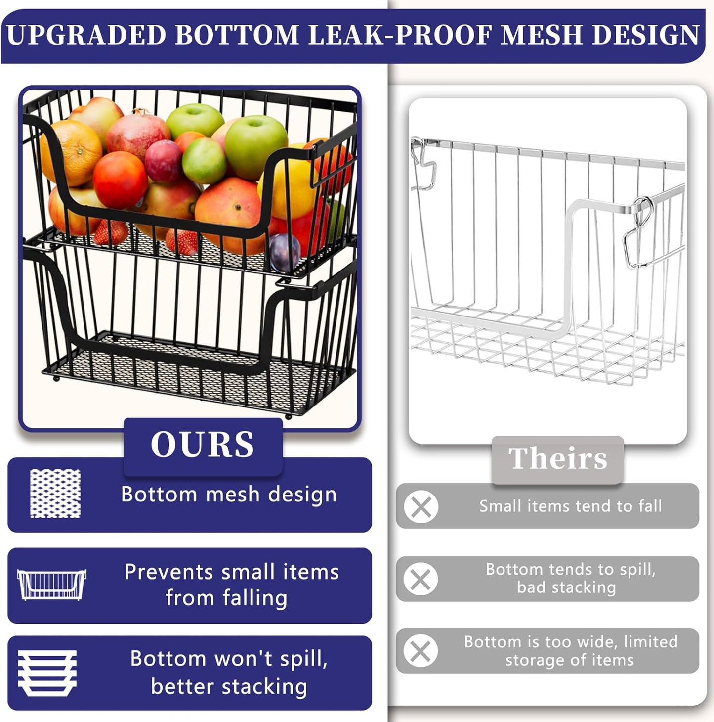 4 Pack Enhanced Leak-Proof Bottom Stackable Wire Baskets, Pantry Organizers and Storage